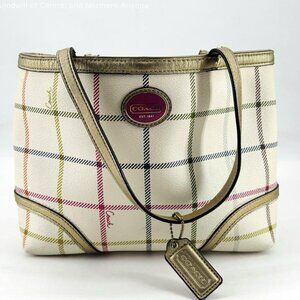 Coach Peyton Tattersall Plaid Tote F48586 Coated Canvas with Gold Leather Trim